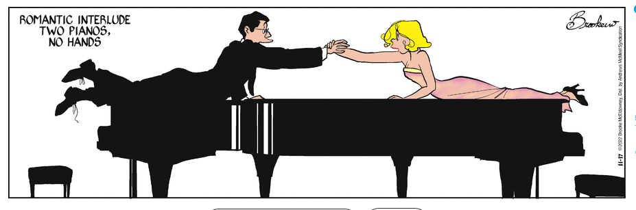 Two horny dorks lounge on a piano or pair of pianos.