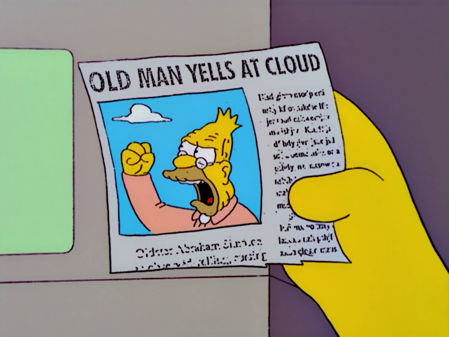 Old Man Yells At Cloud Cartoon News Clipping of Old Man Shaking Fist With Headline "Old Man Yells At Cloud"